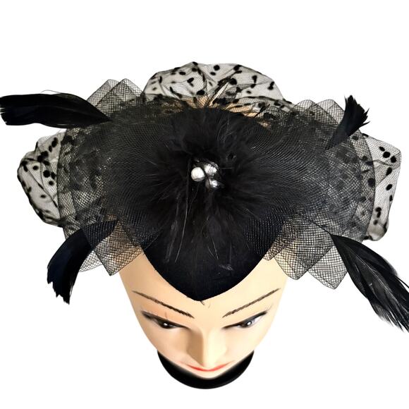 Black Feather Polka Dot Fascinator Hat w/ Faux Pearl Bow Horse Race Whimsygoth